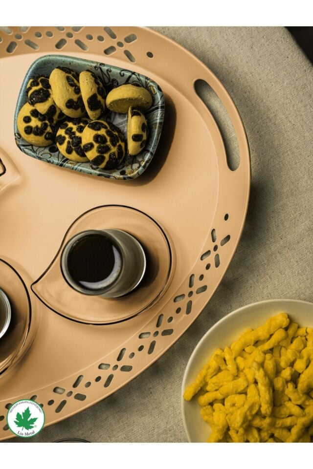 Lalin Tepsi Metal Oval Servis Tepsisi, Romantik Tepsi, Büyük Tepsi, Çay Kahve Tepsisi