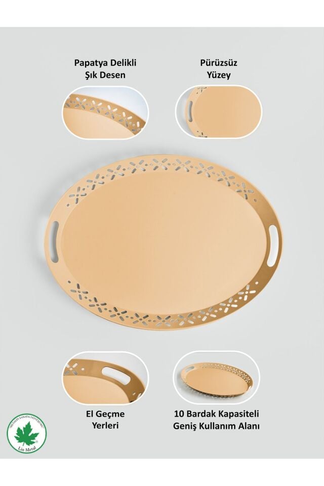 Lalin Tepsi Metal Oval Servis Tepsisi, Romantik Tepsi, Büyük Tepsi, Çay Kahve Tepsisi