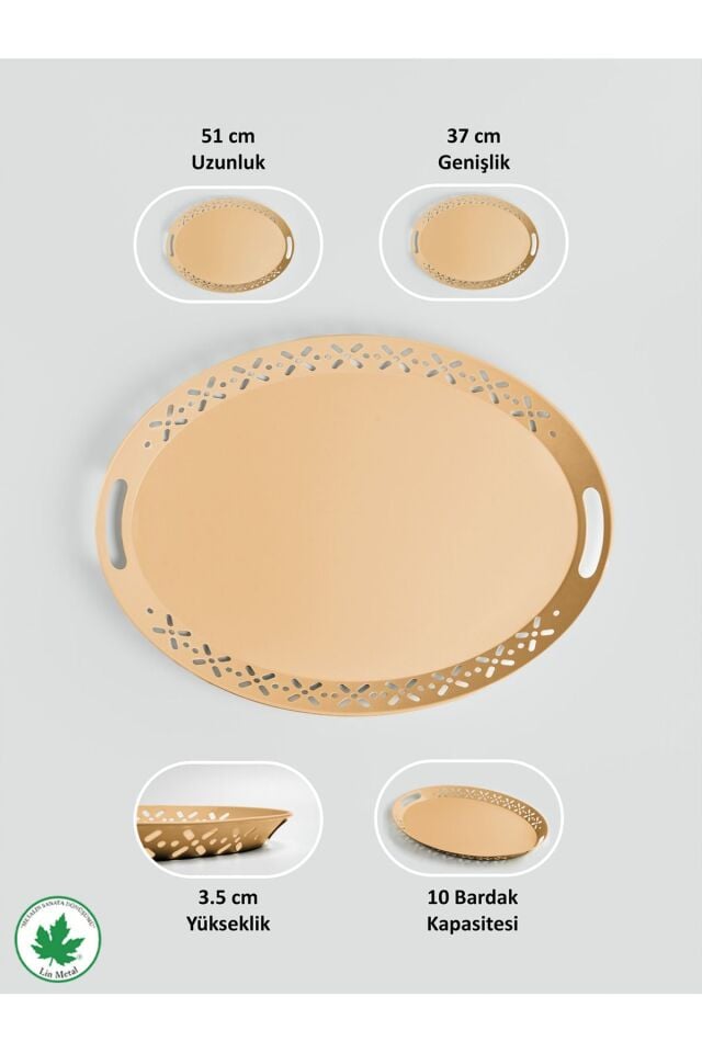 Lalin Tepsi Metal Oval Servis Tepsisi, Romantik Tepsi, Büyük Tepsi, Çay Kahve Tepsisi