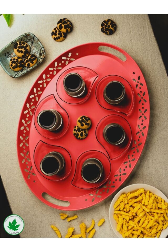 Lalin Tepsi Metal Oval Servis Tepsisi, Romantik Tepsi, Büyük Tepsi, Çay Kahve Tepsisi
