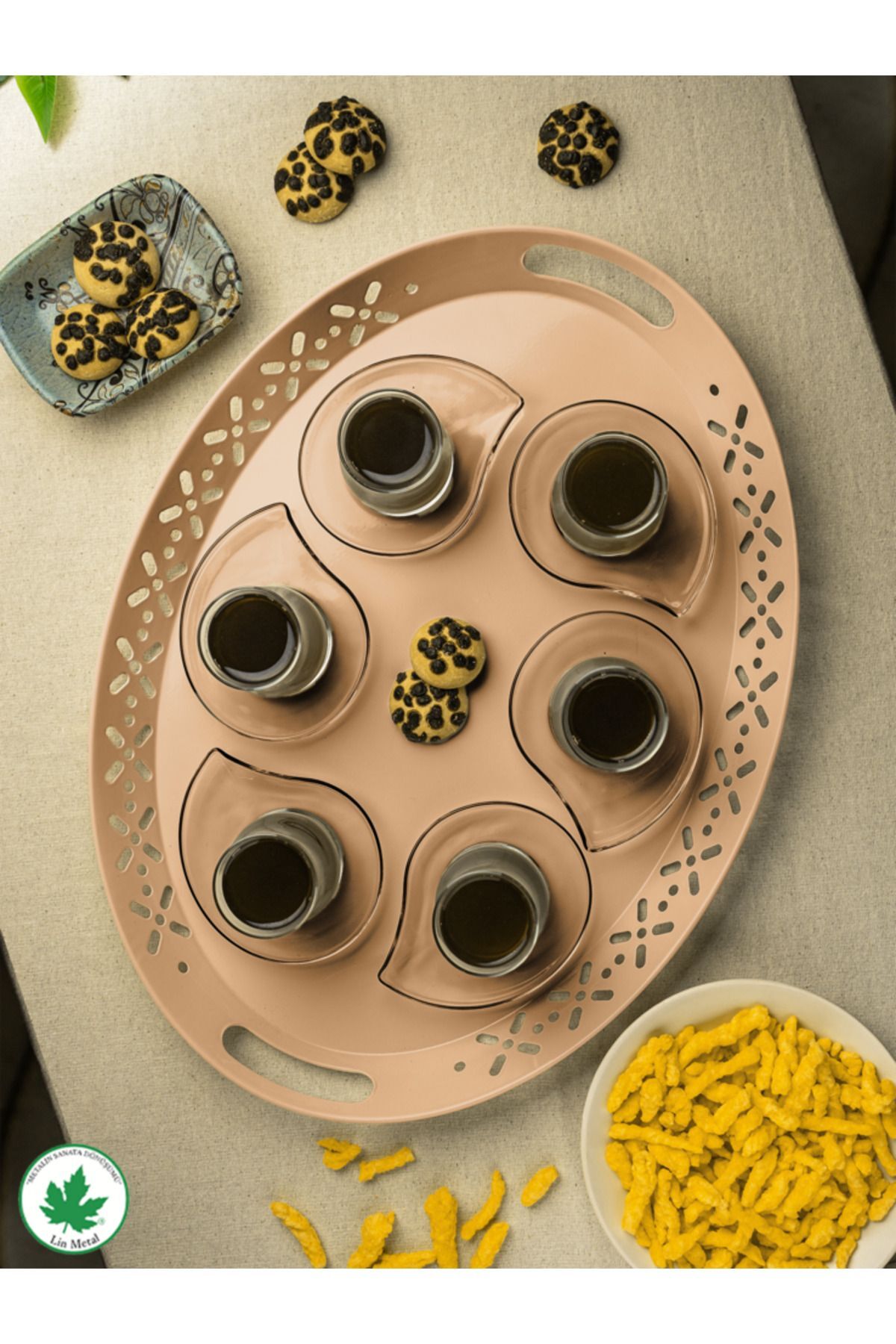 Lalin Tepsi Metal Oval Servis Tepsisi, Romantik Tepsi, Büyük Tepsi, Çay Kahve Tepsisi
