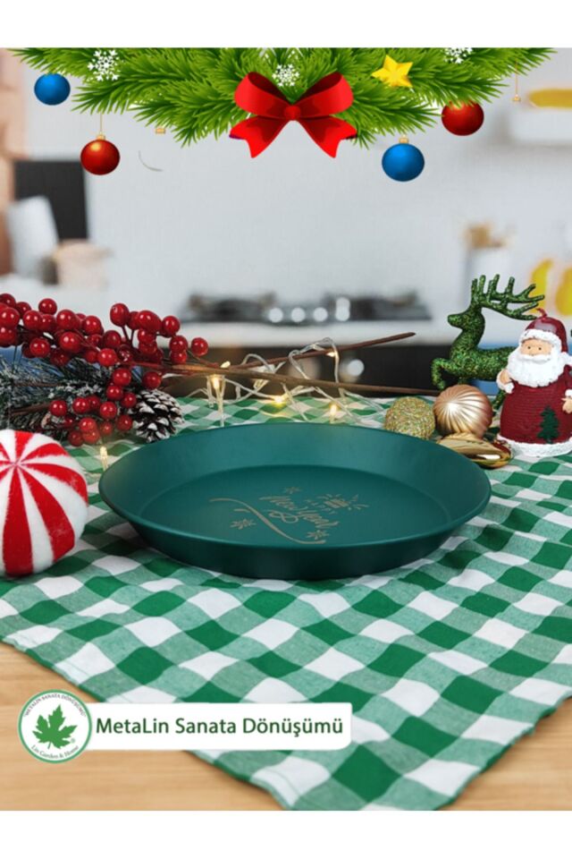 Yeşil Yılbaşı Sunum Tepsi 24 cm, Servis Tepsisi, Kahve Tepsisi, Happy New Year Baskılı