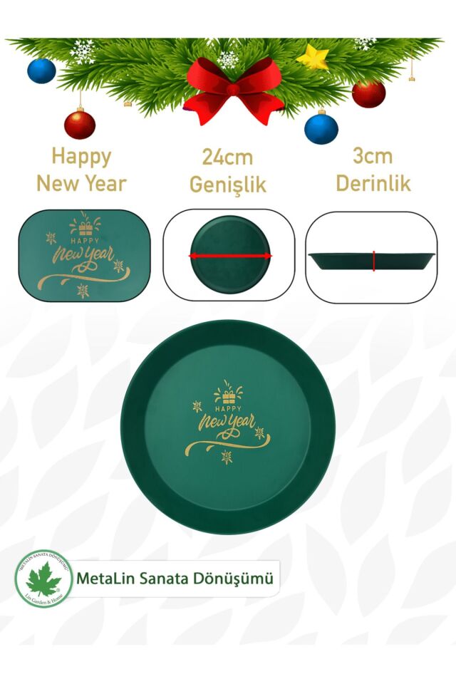 Yeşil Yılbaşı Sunum Tepsi 24 cm, Servis Tepsisi, Kahve Tepsisi, Happy New Year Baskılı