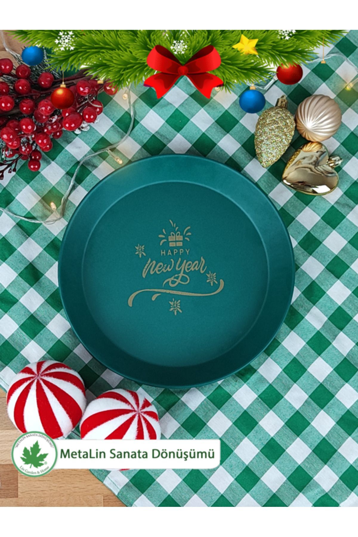 Yeşil Yılbaşı Sunum Tepsi 24 cm, Servis Tepsisi, Kahve Tepsisi, Happy New Year Baskılı