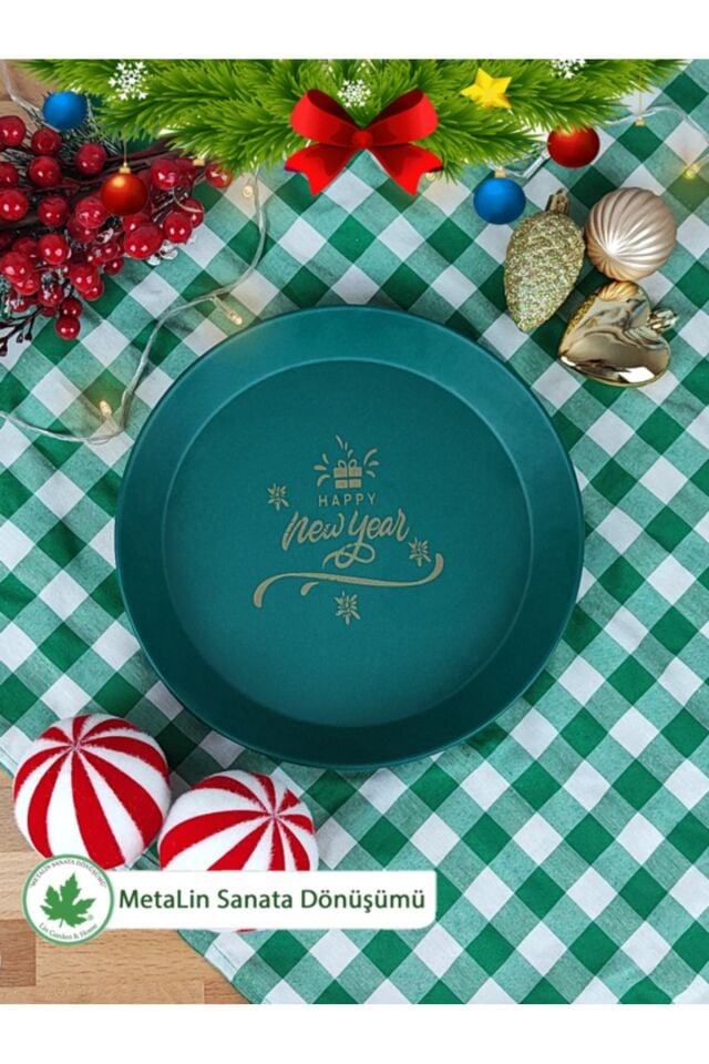 Yeşil Yılbaşı Sunum Tepsi 24 cm, Servis Tepsisi, Kahve Tepsisi, Happy New Year Baskılı
