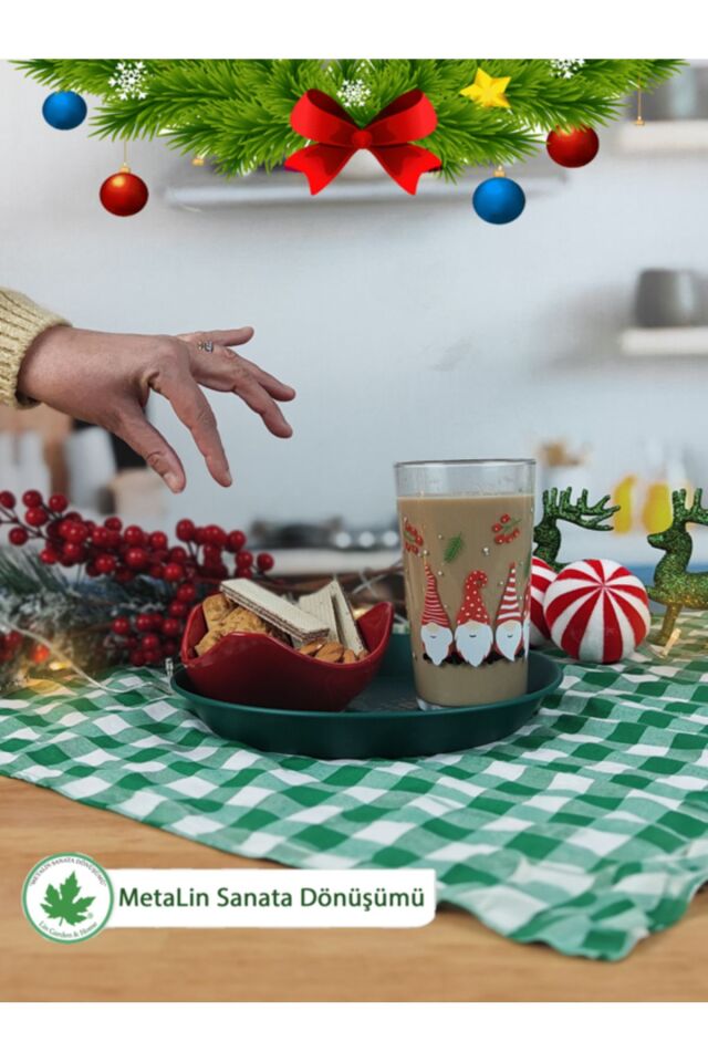 Yeşil Yılbaşı Sunum Tepsi 24 cm, Servis Tepsisi, Kahve Tepsisi, Happy New Year Baskılı