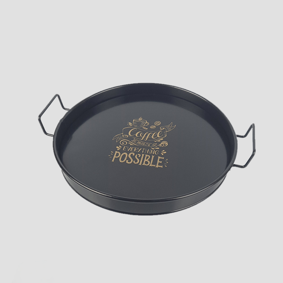 Tel Kulplu Metal Servis Tepsisi 26cm (COFFEE MAKES EVERYTHİNG POSSİBLE BASKILI)