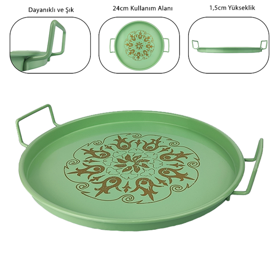 İkili Tel Kulplu Metal Servis Tepsisi 24cm (Osmanlı Baskılı)