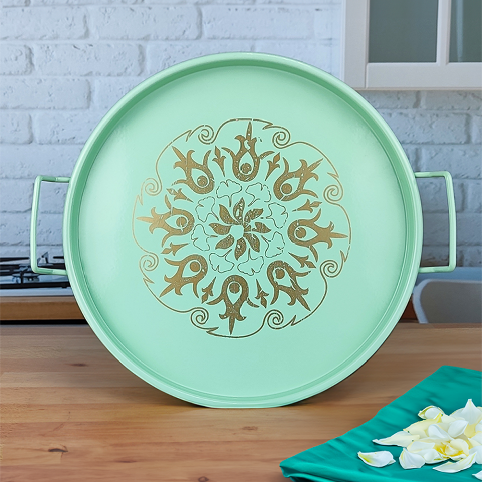 İkili Tel Kulplu Metal Servis Tepsisi 24cm (Osmanlı Baskılı)