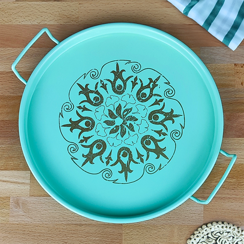 İkili Tel Kulplu Metal Servis Tepsisi 24cm (Osmanlı Baskılı)