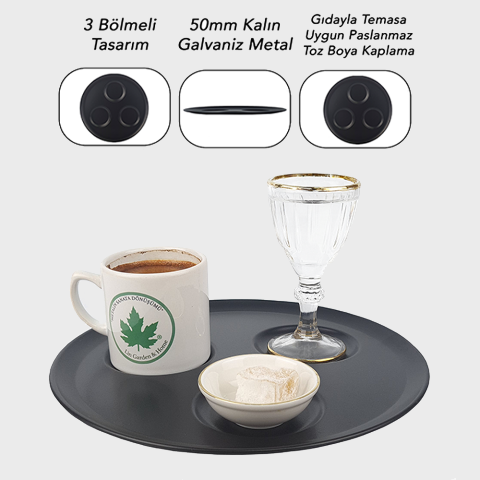 Kahve, Su, İkramlık 3 Bölmeli Metal Sunum Tepsi, Sunumluk, Kahve Tepsisi,Çay Tepsisi 21cm Çap LN1206 Siyah