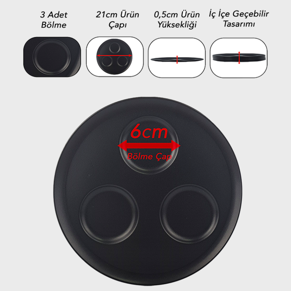 Kahve, Su, İkramlık 3 Bölmeli Metal Sunum Tepsi, Sunumluk, Kahve Tepsisi,Çay Tepsisi 21cm Çap LN1206 Siyah