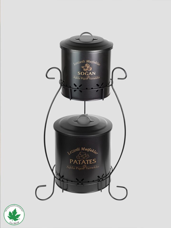 2 Katlı Küçük Boy Metal Patates Soğan Kovası - Sebzelik - Patates Soğanlık Sepeti Siyah