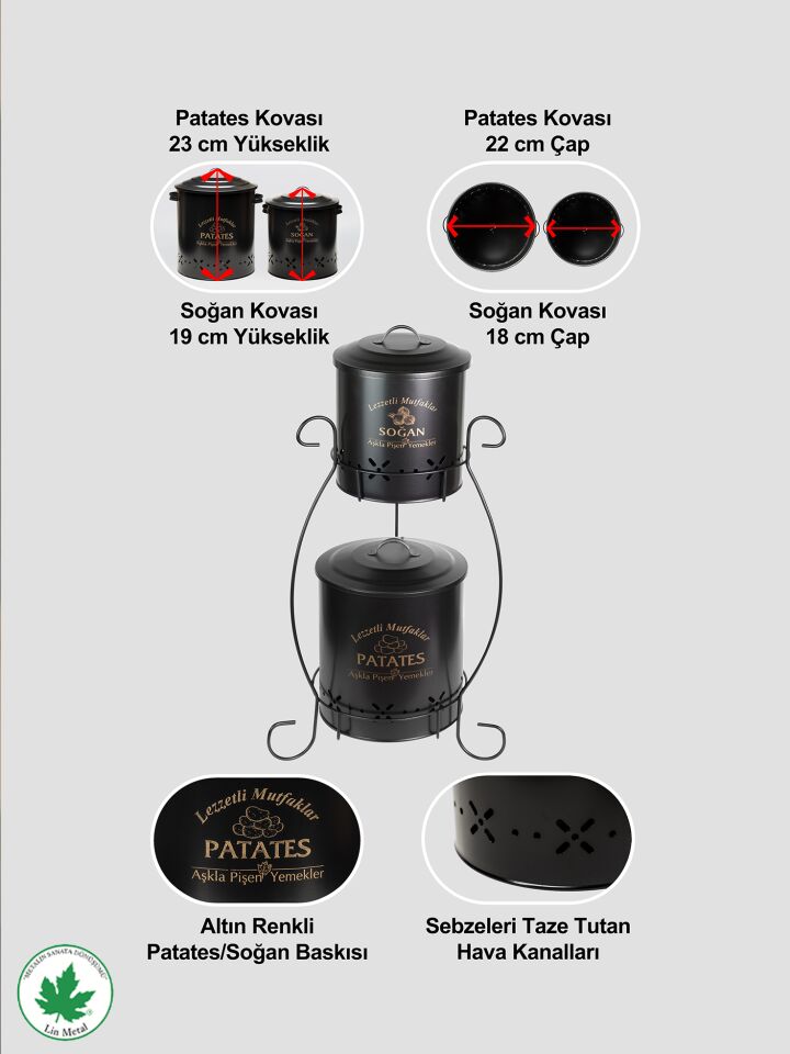 2 Katlı Küçük Boy Metal Patates Soğan Kovası - Sebzelik - Patates Soğanlık Sepeti Siyah
