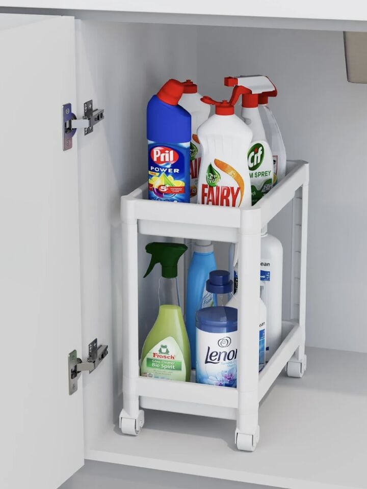 2 Katlı Tekerlekli Düzenleyici Raf, Mutfak Tezgah, Evye Altı Ve Deterjanlık
