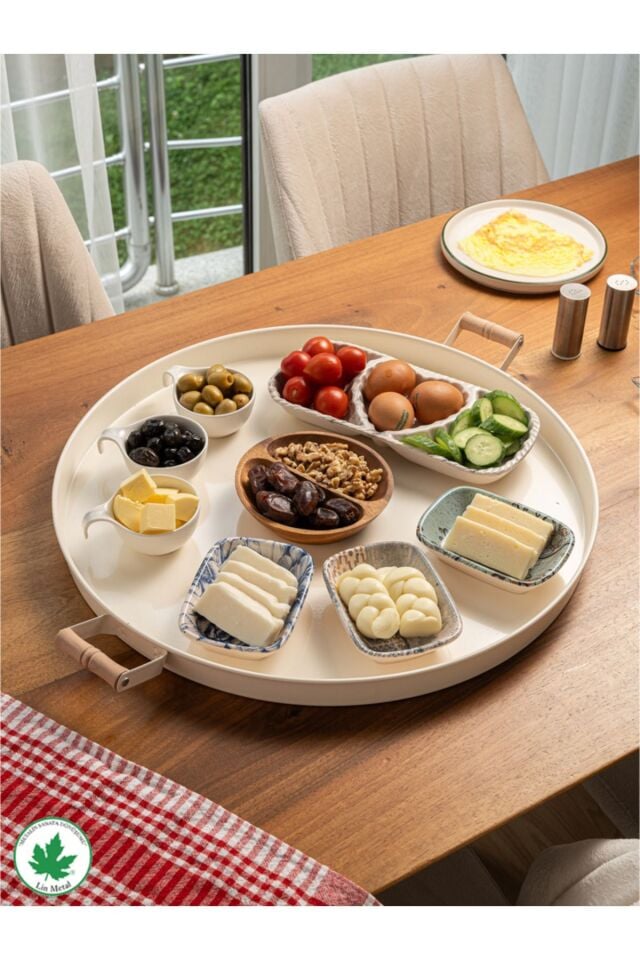 51cm Ahşap Kulplu Metal Tepsi Yuvarlak Çay Tepsisi Sunum Tepsisi Tahta Kulplu Büyük Tepsi Krem