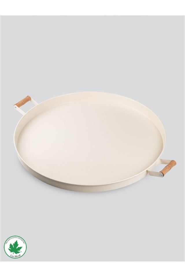 51cm Ahşap Kulplu Metal Tepsi Yuvarlak Çay Tepsisi Sunum Tepsisi Tahta Kulplu Büyük Tepsi Krem