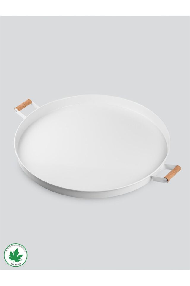 51cm Ahşap Kulplu Metal Tepsi Yuvarlak Çay Tepsisi Sunum Tepsisi Tahta Kulplu Büyük Tepsi Beyaz