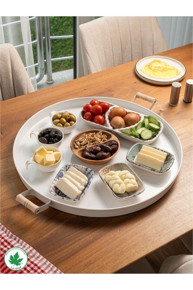 51cm Ahşap Kulplu Metal Tepsi Yuvarlak Çay Tepsisi Sunum Tepsisi Tahta Kulplu Büyük Tepsi Beyaz