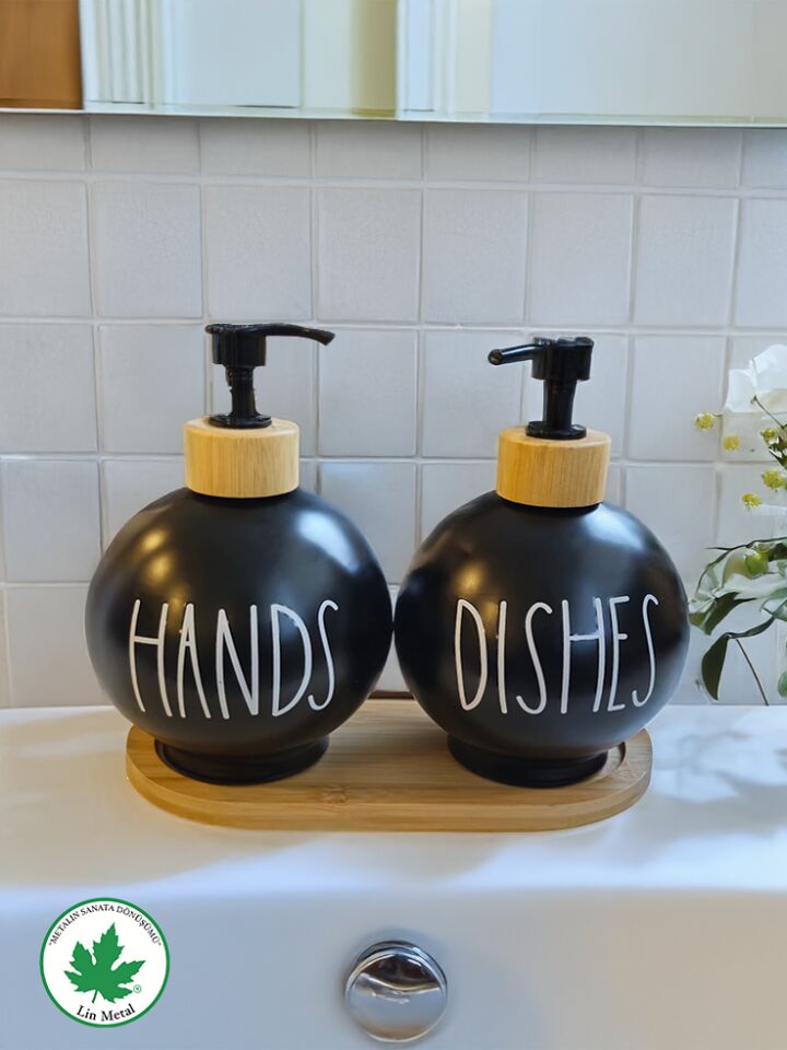 2 Li Siyah-Beyaz Mutfak Sıvı Sabunluk Seti 500ml+500ml Bambu Tepsili
