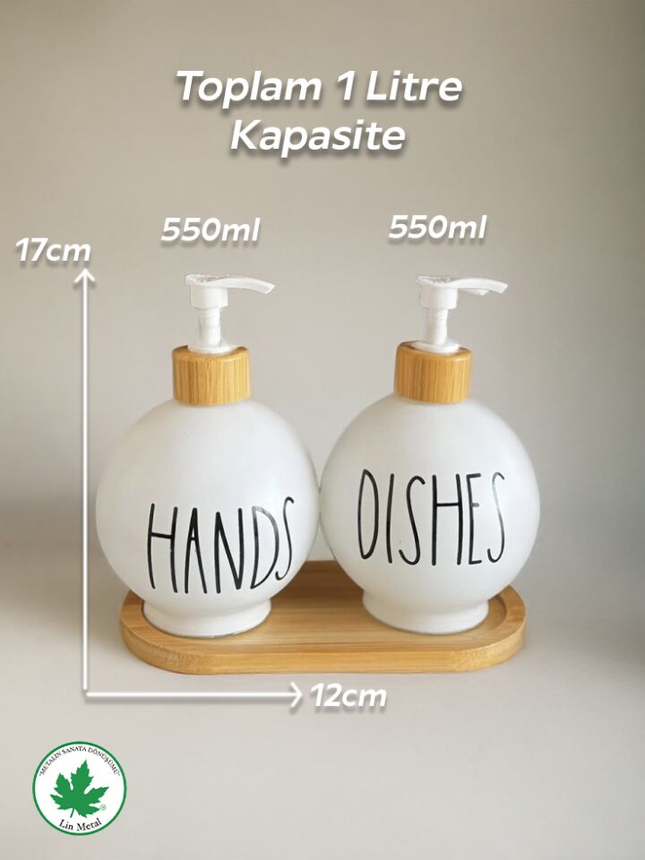 2 Li Siyah-Beyaz Mutfak Sıvı Sabunluk Seti 500ml+500ml Bambu Tepsili
