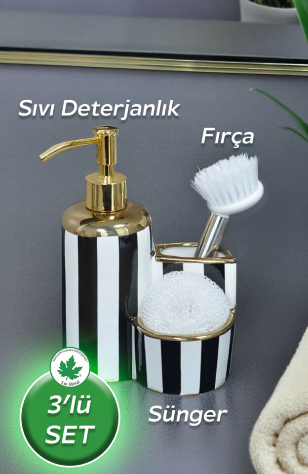 Çizgi Desenli Lüks Porselen Fırçalı Süngerli Mutfak Sıvı Sabunluk Bulaşık Deterjanlık 3'lü Set