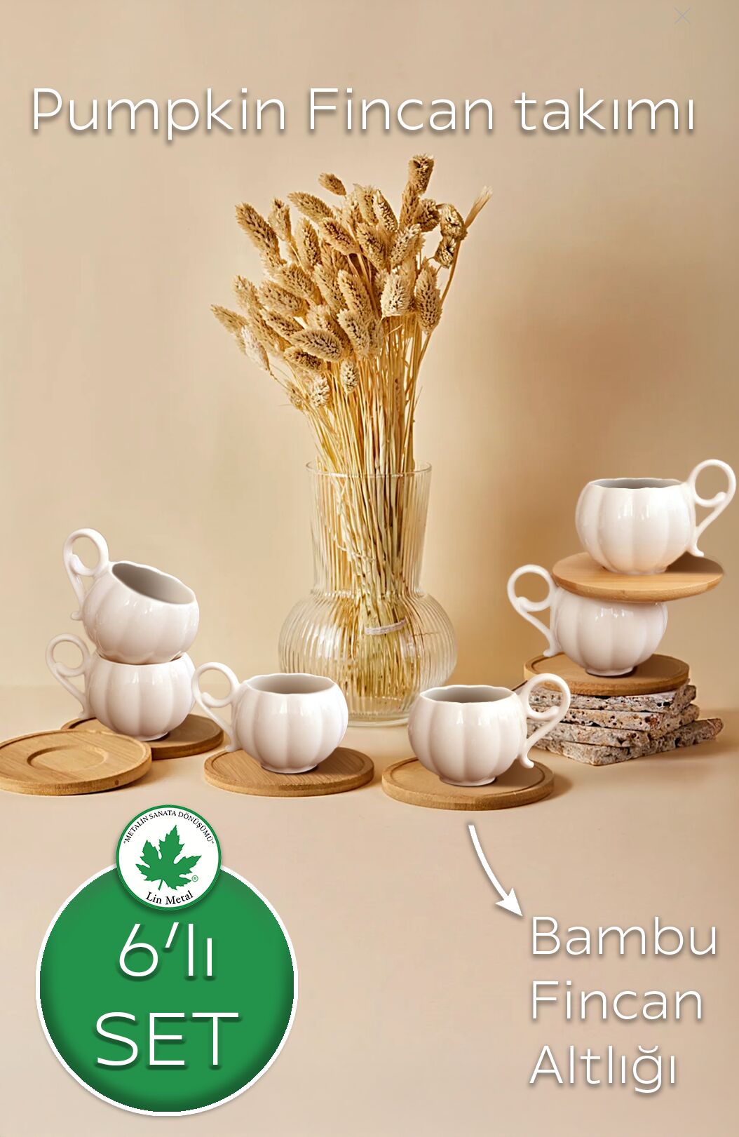 Pumpkin Fincan 6 Kişilik 12 Parça Bambu Tabaklı Kahve Fincan Takımı 6 Adet