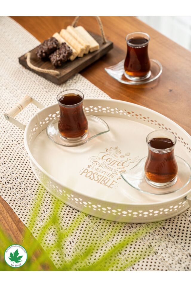 Tulipa Ahşap Kulplu Oval Tepsi DANTELLİ (Possible Baskılı)