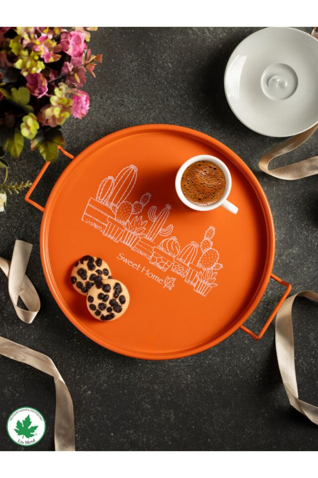 24cm Metal Kulplu Tepsi (Kaktüs Baskılı)