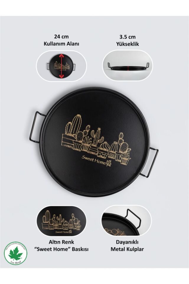 24cm Metal Kulplu Tepsi (Kaktüs Baskılı) Siyah