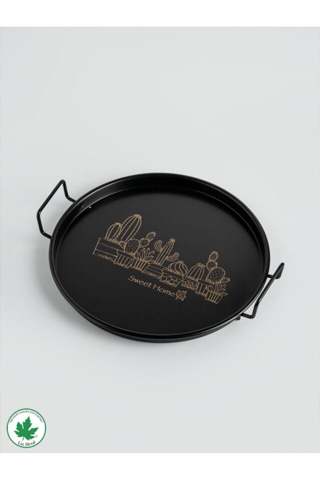 24cm Metal Kulplu Tepsi (Kaktüs Baskılı) Siyah