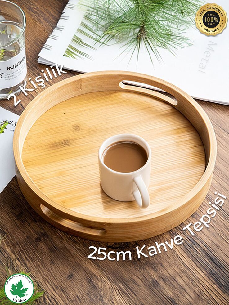 Yuvarlak Bambu Tepsi, Kulplu Sunum Tepsisi, Servis Tepsisi, Kahve Tepsisi, Keyif Tepsisi, Modern Tahta Tepsi 25 cm