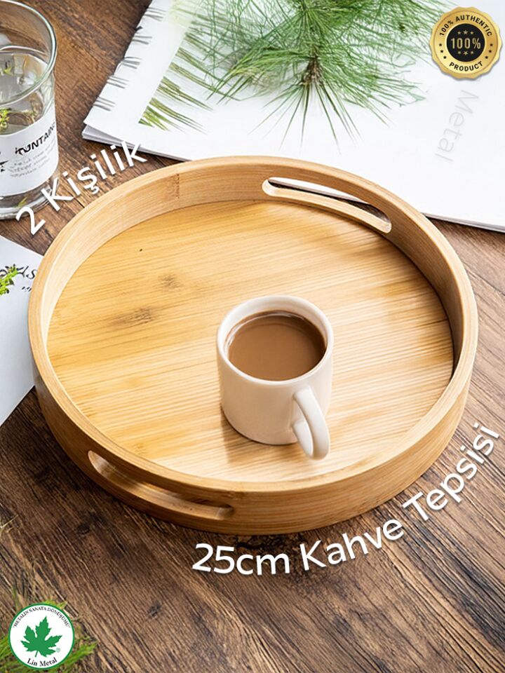 Yuvarlak Bambu Tepsi, Kulplu Sunum Tepsisi, Servis Tepsisi, Kahve Tepsisi, Keyif Tepsisi, Modern Tahta Tepsi 25 cm