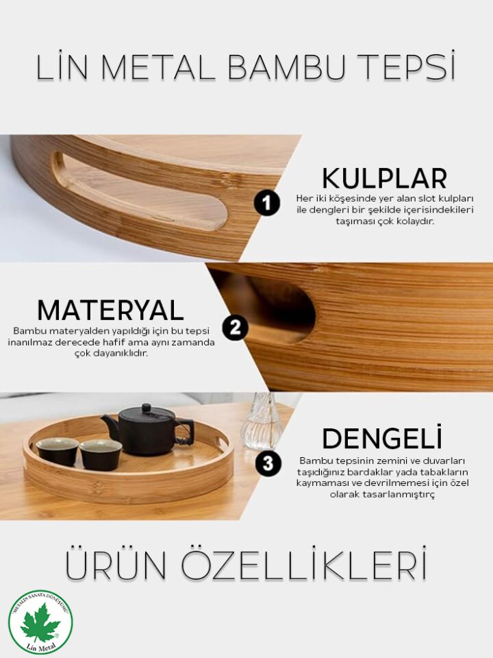 Yuvarlak Bambu Tepsi, Kulplu Sunum Tepsisi, Servis Tepsisi, Kahve Tepsisi, Keyif Tepsisi, Modern Tahta Tepsi 25 cm