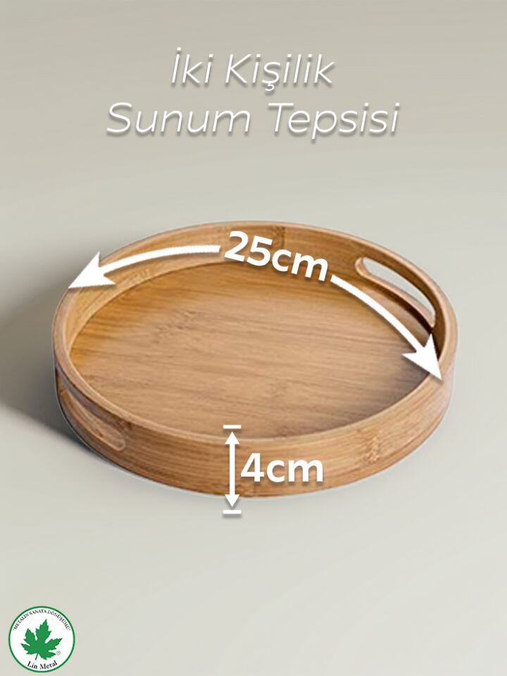 Yuvarlak Bambu Tepsi, Kulplu Sunum Tepsisi, Servis Tepsisi, Kahve Tepsisi, Keyif Tepsisi, Modern Tahta Tepsi 25 cm