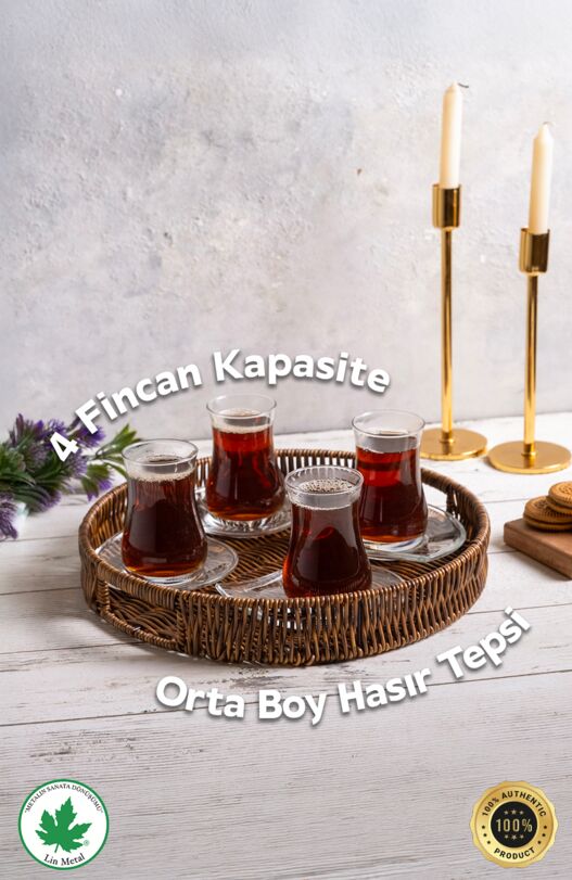 Yuvarlak Hasır Tepsi, Kulplu Sunum Tepsisi, Servis Tepsisi, Kahve Tepsisi, Keyif Tepsisi, Modern Hasır Tepsi 30 cm