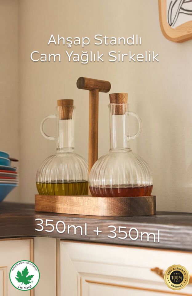 2 Li Yağdanlık Seti 350ml Ahşap Stantlı Mantar Kapaklı