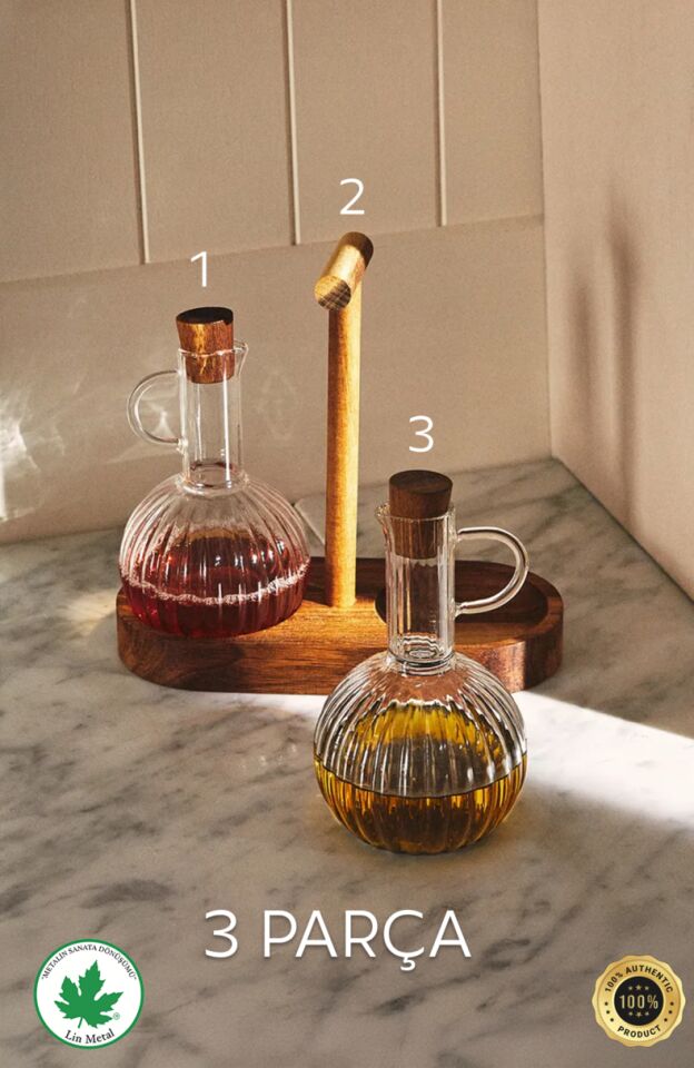2 Li Yağdanlık Seti 350ml Ahşap Stantlı Mantar Kapaklı