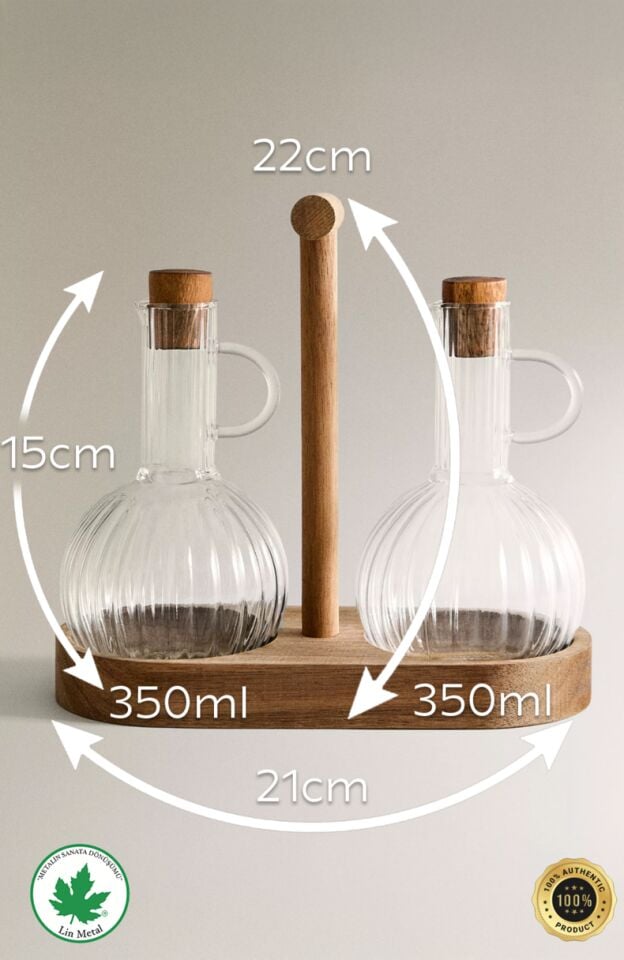 2 Li Yağdanlık Seti 350ml Ahşap Stantlı Mantar Kapaklı