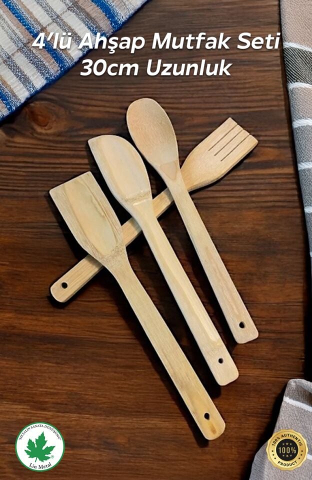 4'lü Tahta Yemek Gereçleri - 4 Boy Tahta Kaşık - Tahta Kaşık (28 Cm.-28 Cm.-32cm.)