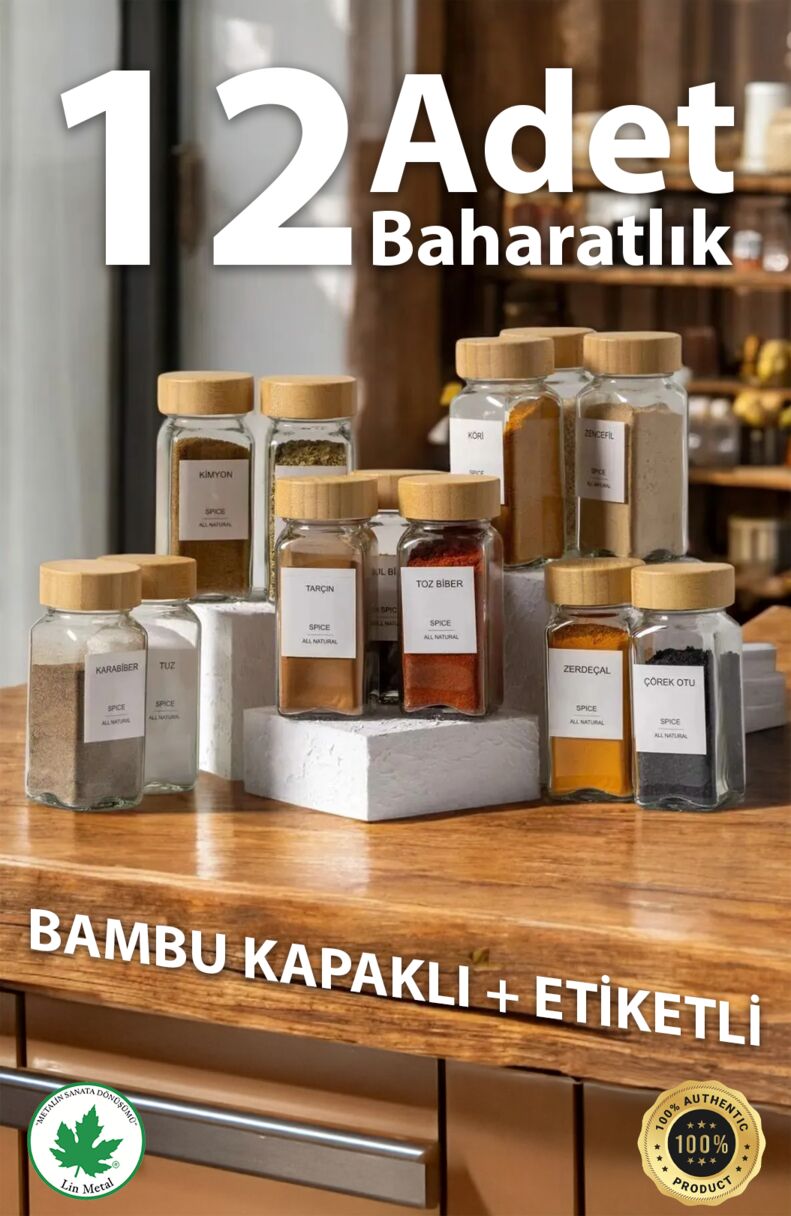 Cam Baharatlık 12'li SET Bambu Kapaklı