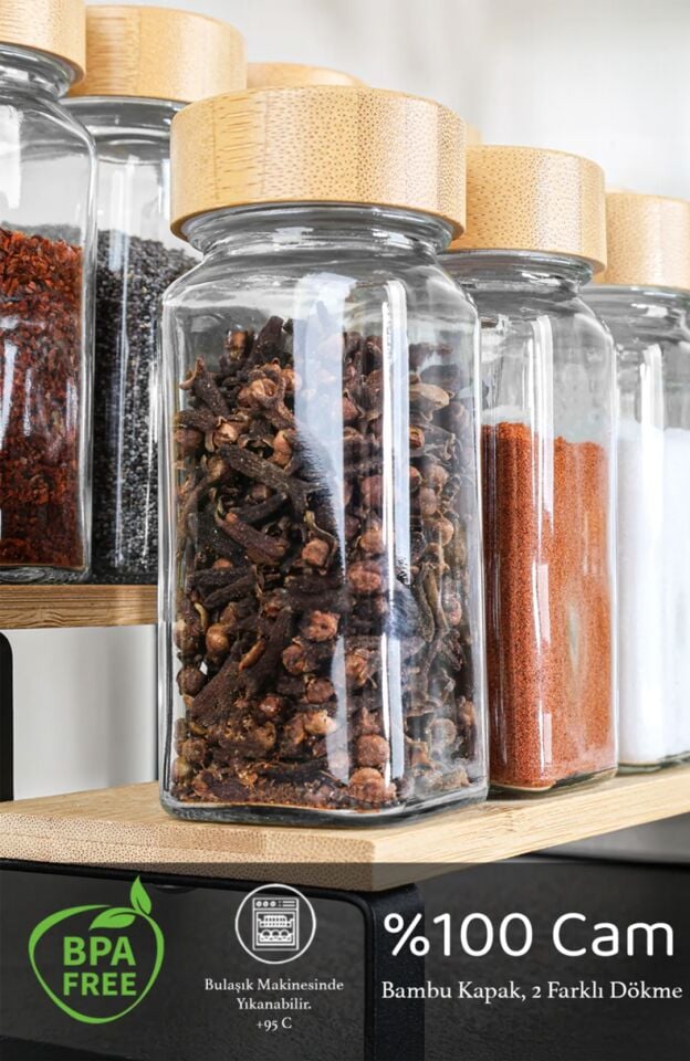 Cam Baharatlık 12'li SET Bambu Kapaklı