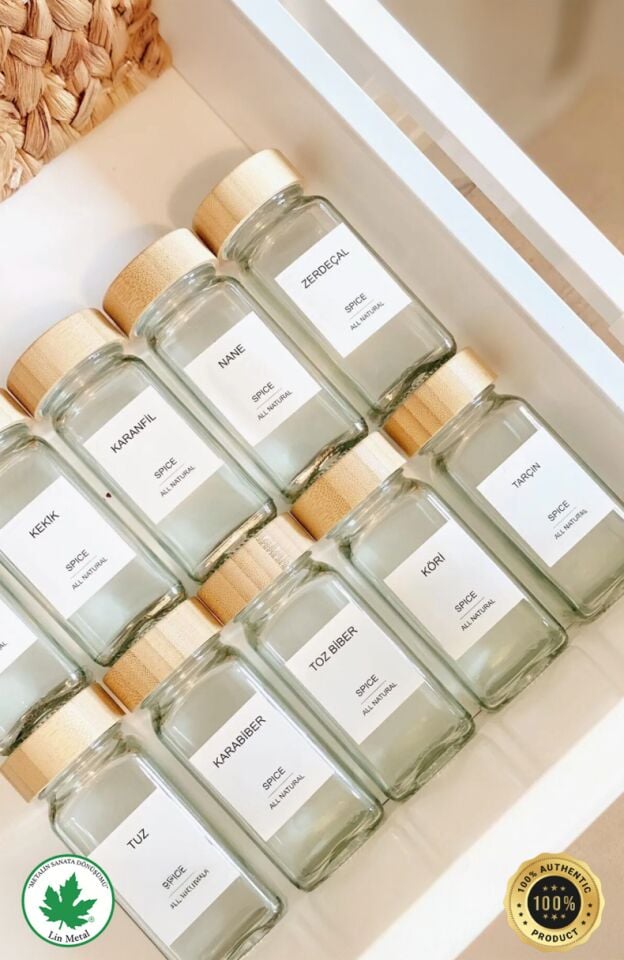 Cam Baharatlık 12'li SET Bambu Kapaklı