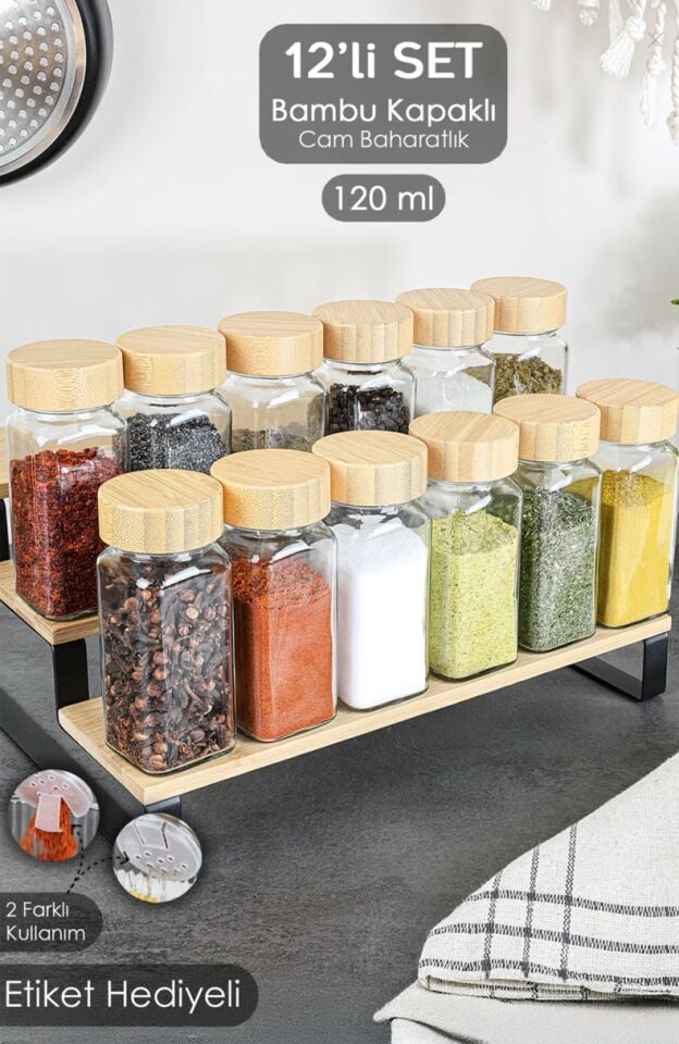 Cam Baharatlık 12'li SET Bambu Kapaklı