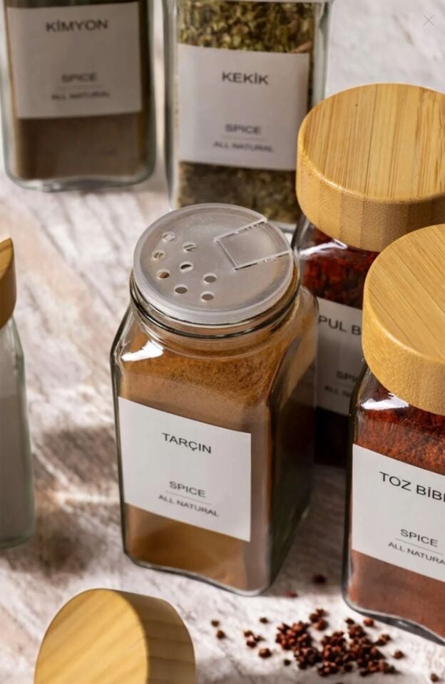 Cam Baharatlık 12'li SET Bambu Kapaklı