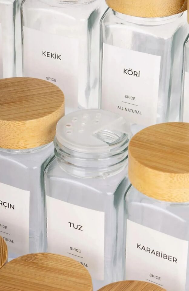 Cam Baharatlık 12'li SET Bambu Kapaklı