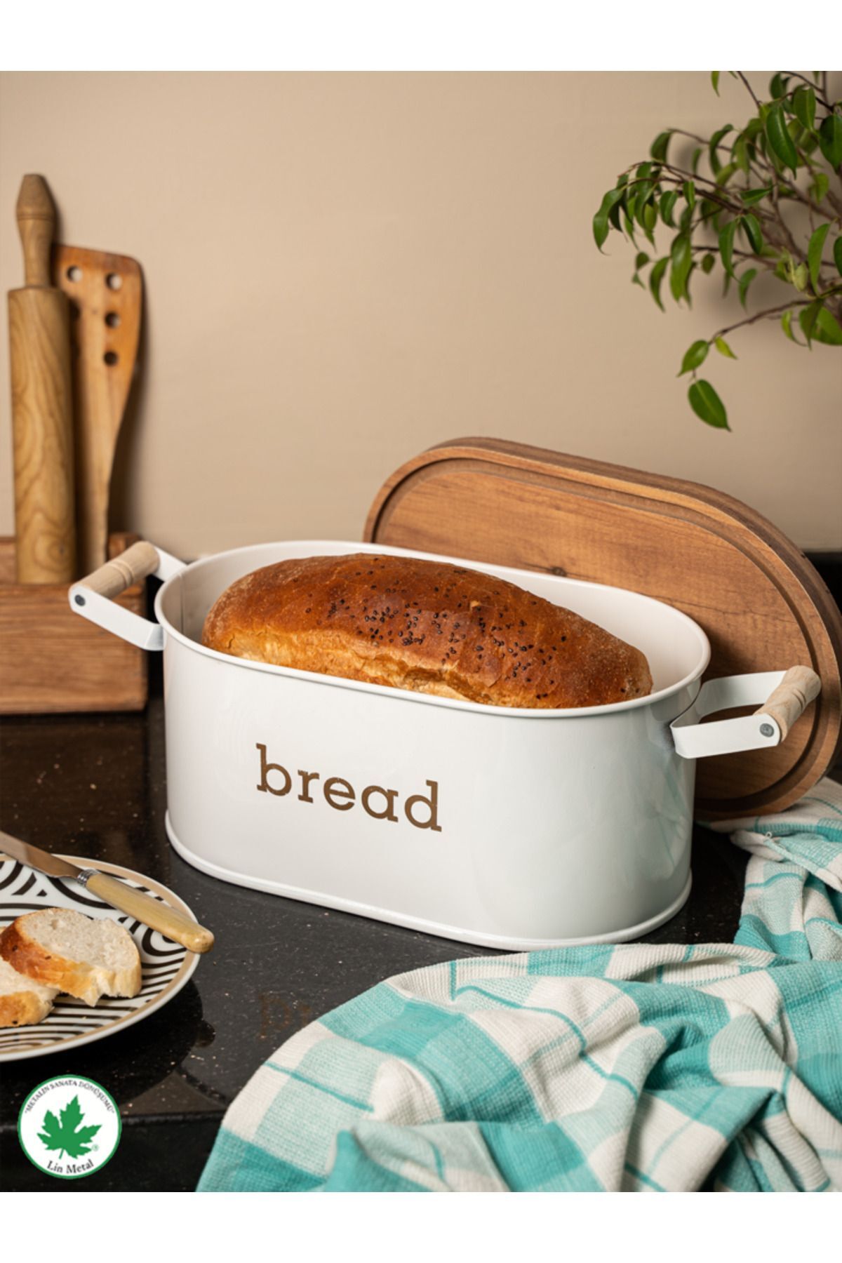 Ahşap Kapaklı Ahşap Kulplu Metal Ekmeklik (bread baskılı)