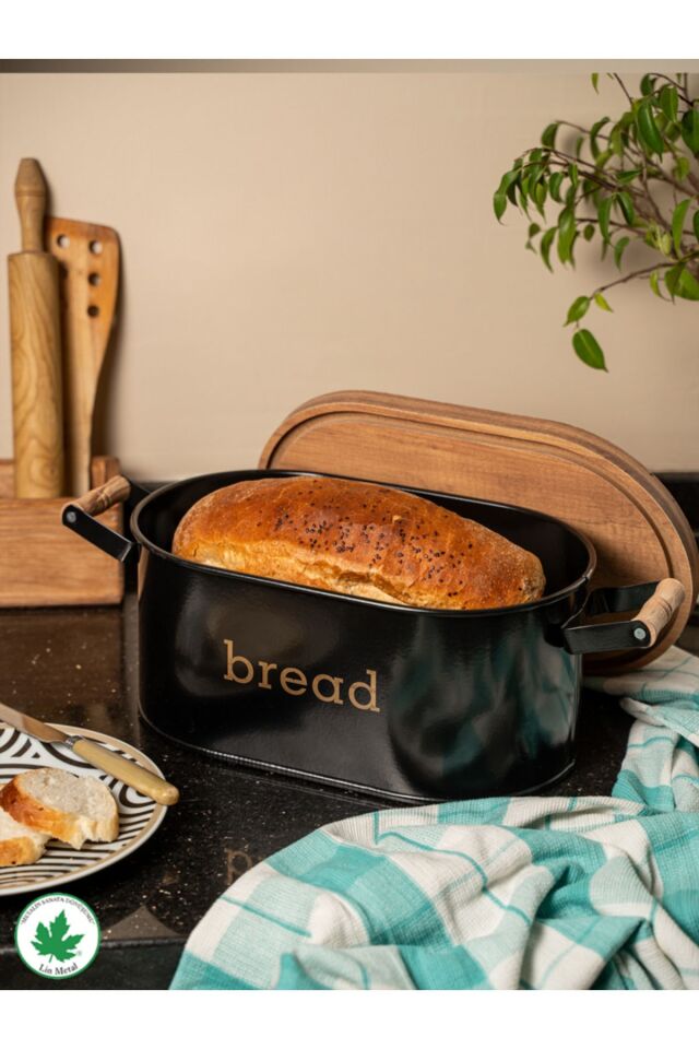 Ahşap Kapaklı Ahşap Kulplu Metal Ekmeklik (bread baskılı)
