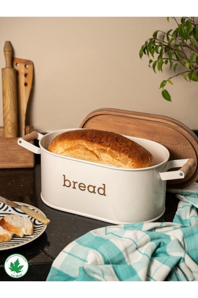 Ahşap Kapaklı Ahşap Kulplu Metal Ekmeklik (bread baskılı)